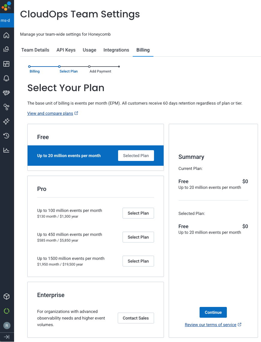 Screenshot showing available plan tiers with Select Plan buttons