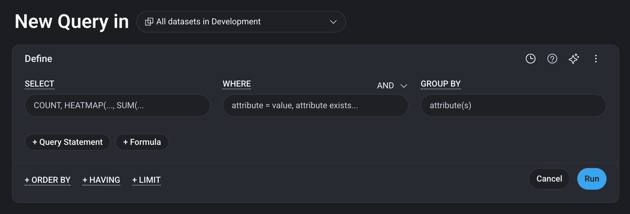 Screenshot of Query Builder in dark mode