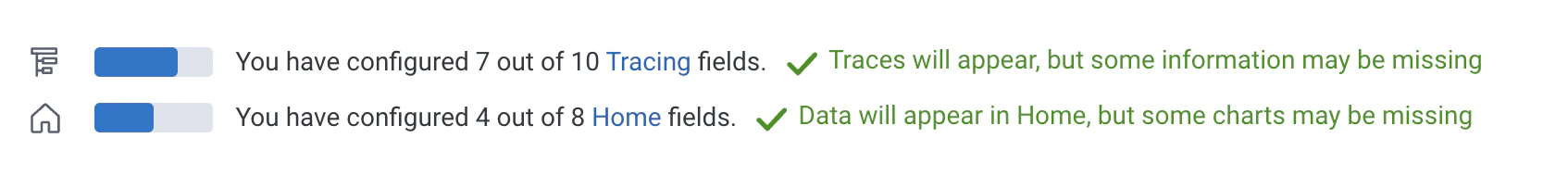 Example of Tracing and Home configuration completion indicators with Tracing complete and Home partially complete.
