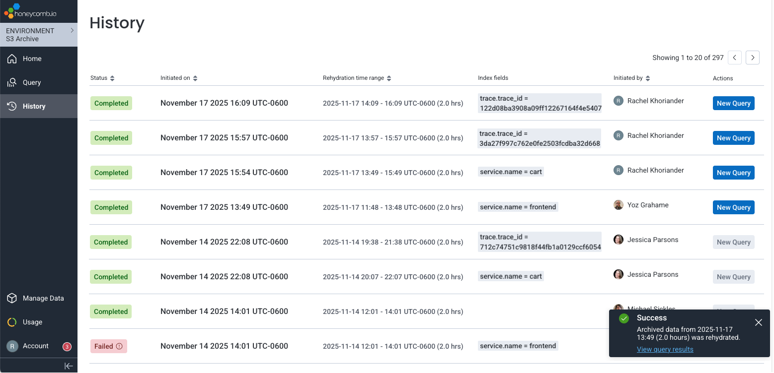 Screenshot of successful completion of rehydration from archive