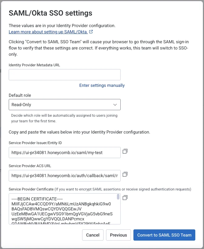 SAML Honeycomb settings screen