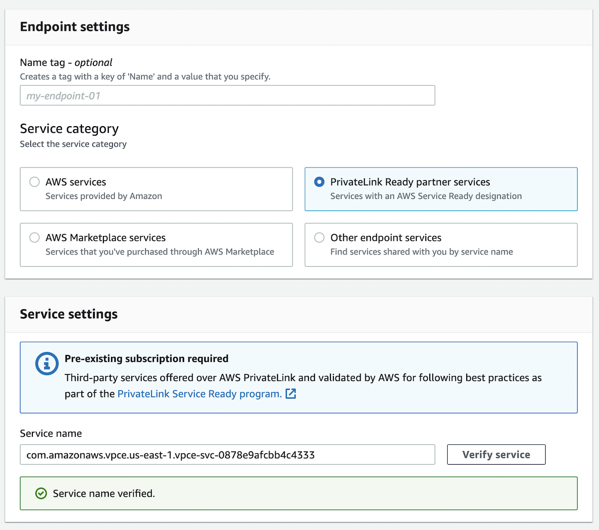 Display of the Endpoint Configuration screen with the service category and service name filled in.