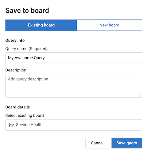 Screenshot of Save to existing board modal with Query information and Board sections