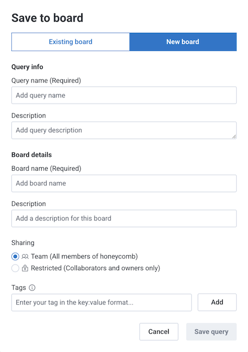 Screenshot of Save to a New Board modal with Query information and Create a new Board sections