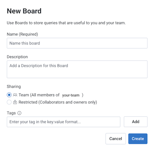Screenshot of New Board display with Name, Description, and Sharing Status fields