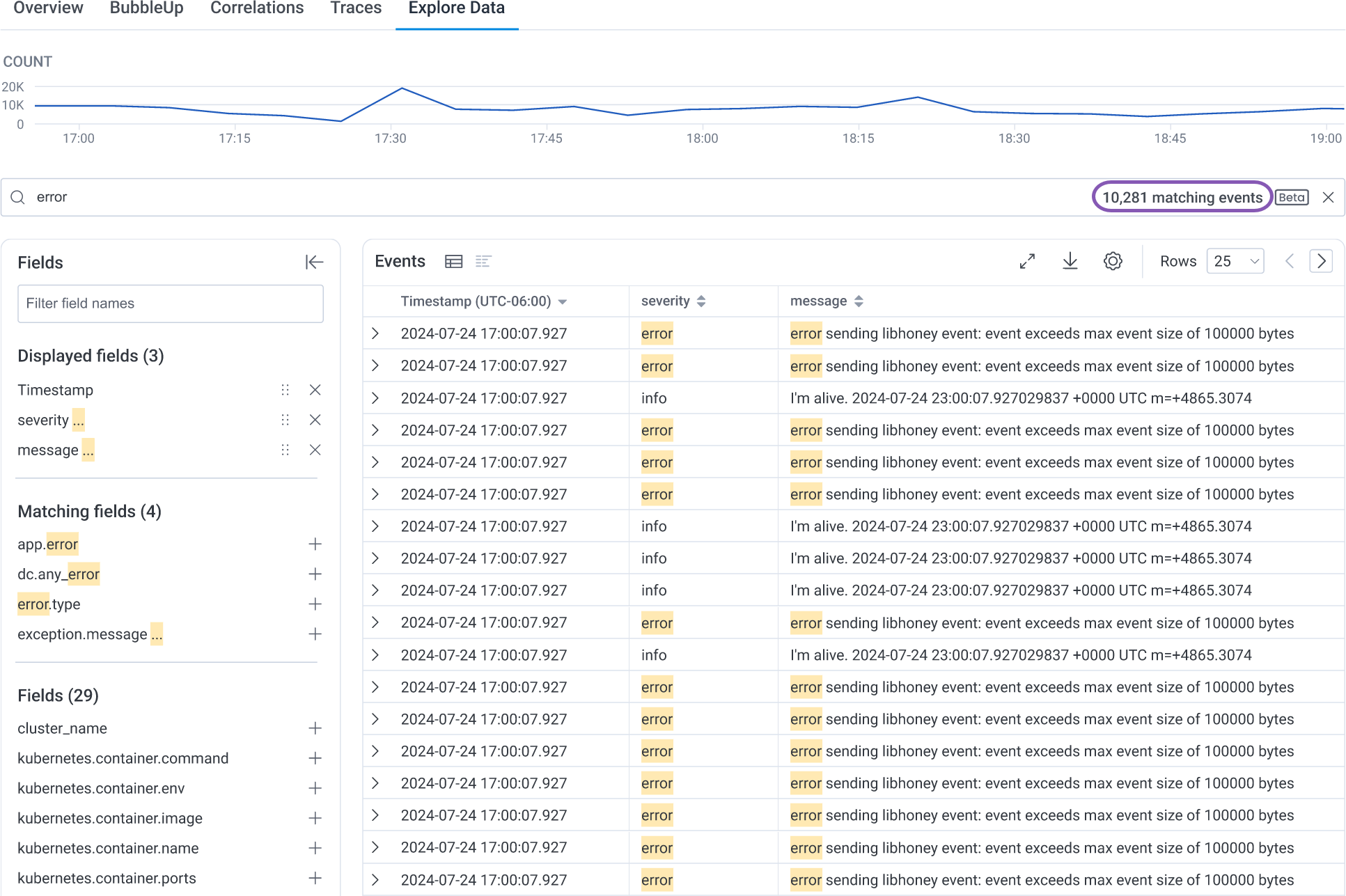 Results returned in the Explore Data view for the search term 'error'. The total number of matches found is displayed near the search bar, and each occurrence of the word 'error' is highlighted in the table display and the fields list. Field names that do not contain the word 'error' may also be highlighted in the fields list, but only if the corresponding field value contains the word 'error'.