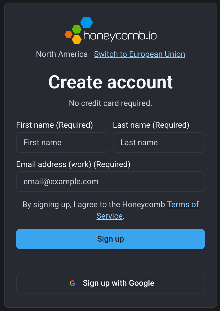 Sign up form for creating a Honeycomb account.