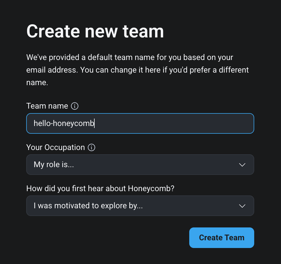 Example form for creating a new team in Honeycomb.