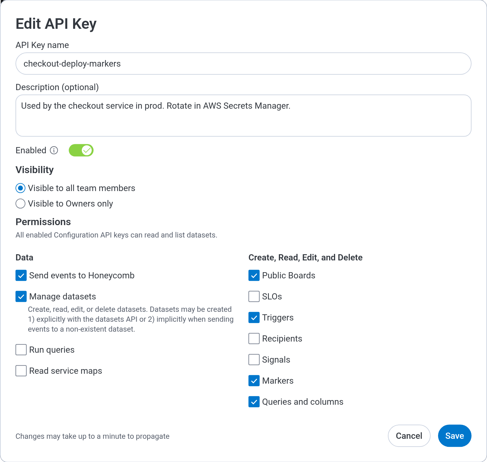 Screenshot of the Edit API Key dialog for a Configuration Key. The Description field contains: Used by the checkout service in prod. Rotate in AWS Secrets Manager.