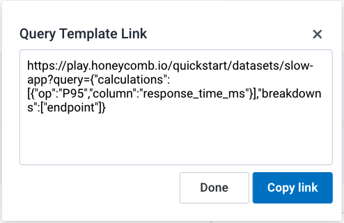 Modal showing Query Template URL and 'Copy link'
