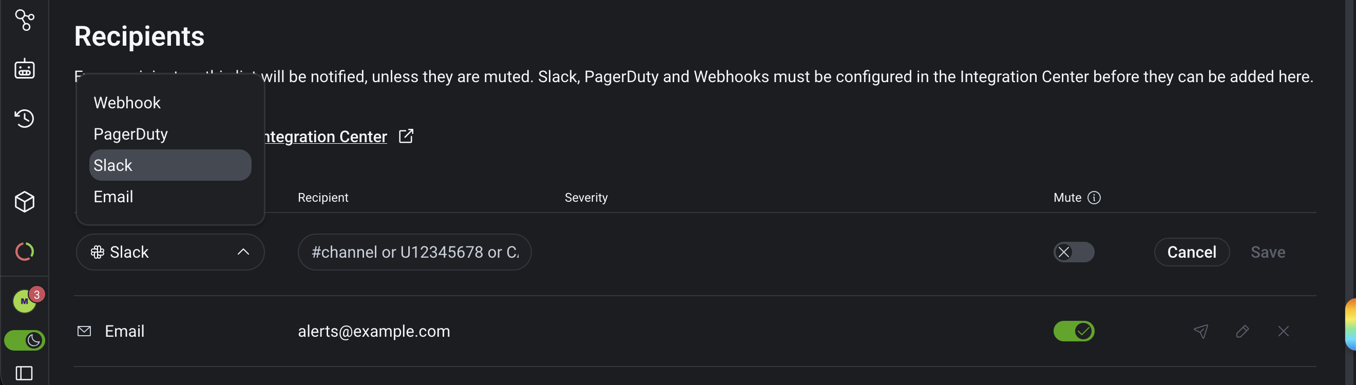 Screenshot of the Recipients section for an Anomaly Detection signal, showing the provider dropdown with Webhook, PagerDuty, Slack, and Email options.
