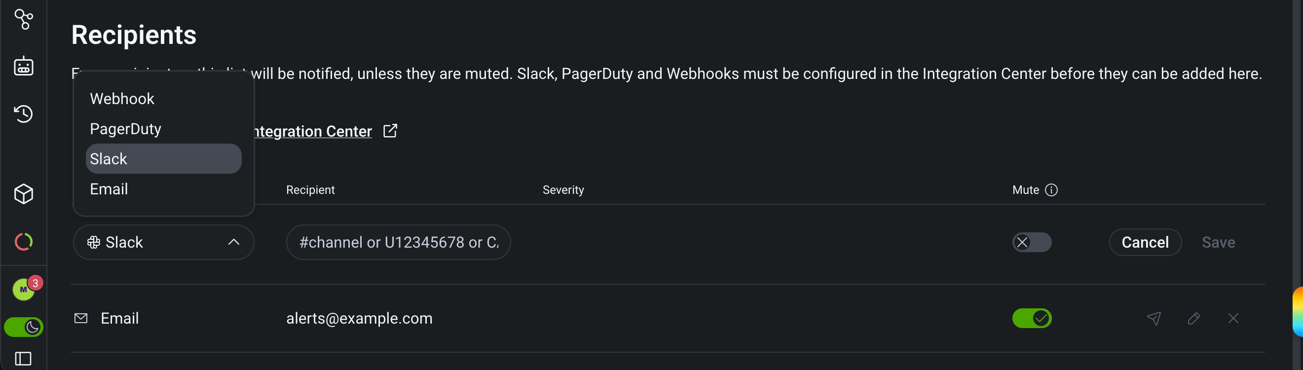Screenshot of the Recipients section for an Anomaly Detection signal, showing the provider dropdown with Webhook, PagerDuty, Slack, and Email options.