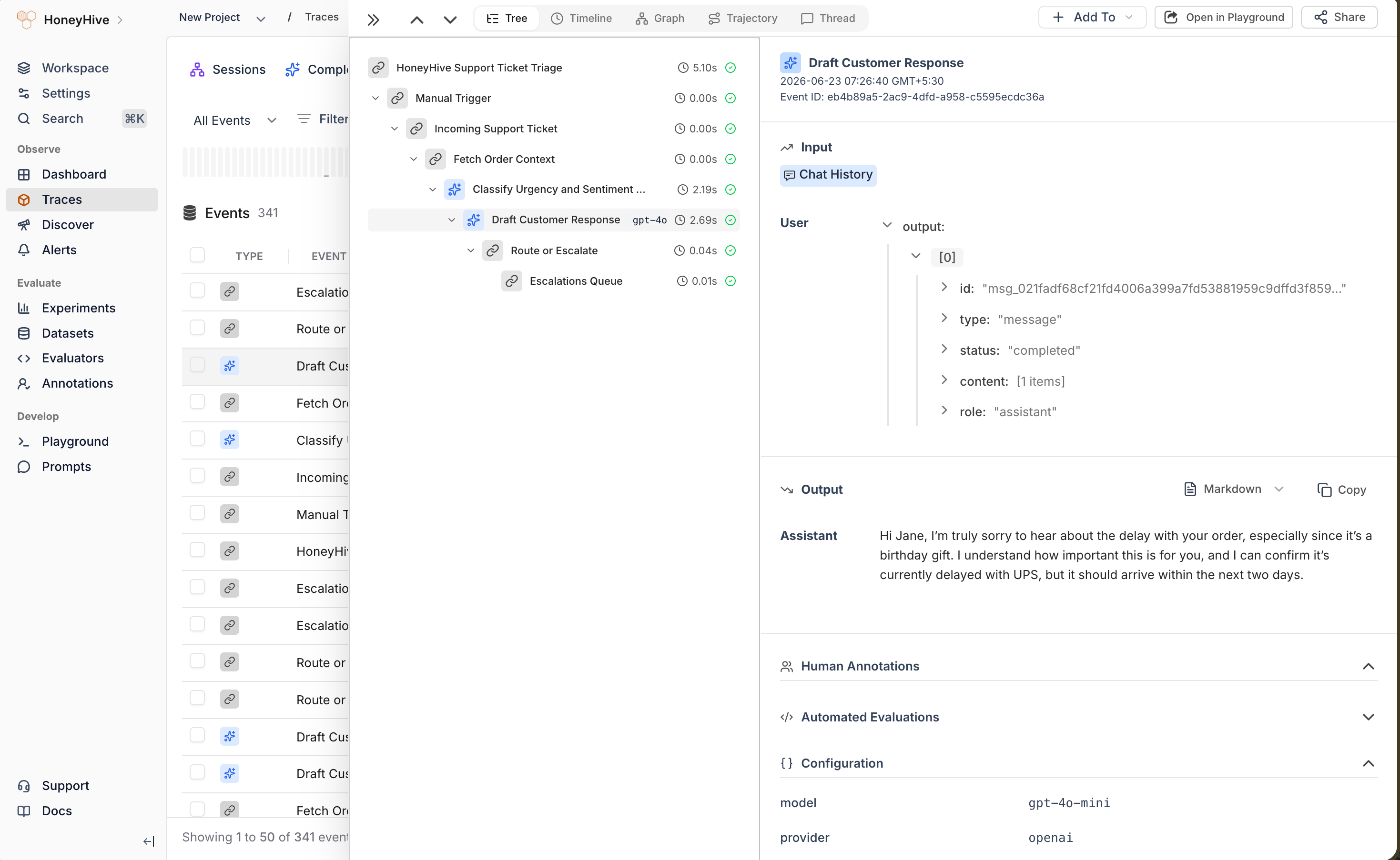 HoneyHive trace of an n8n support-ticket-triage run, with the Draft Customer Response model event open