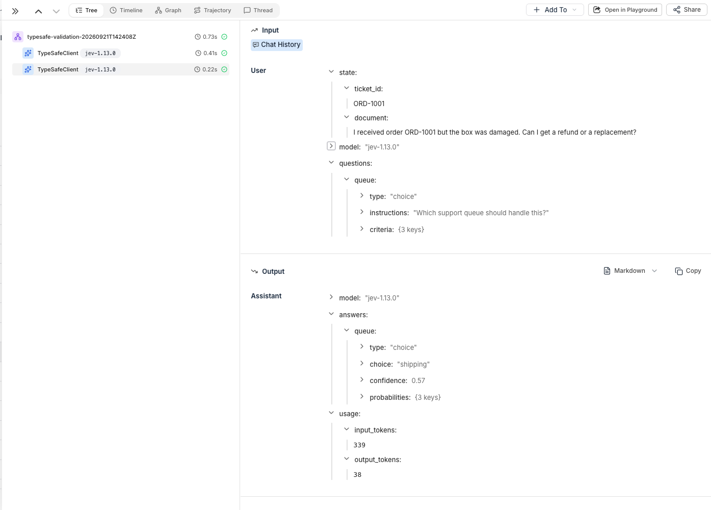 HoneyHive trace for a TypeSafe System One call showing request state, questions, typed answers, and token usage