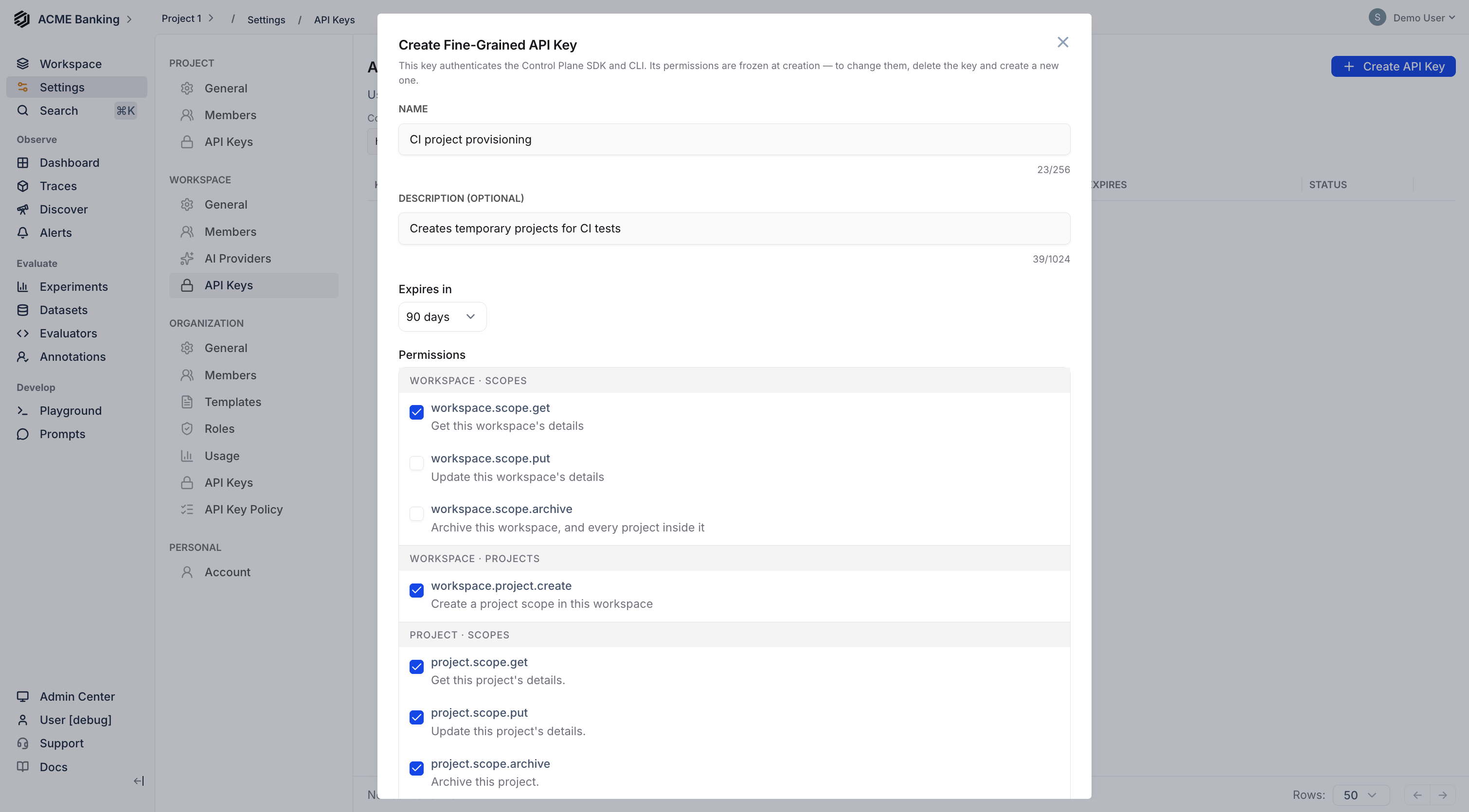 Create Fine-Grained API Key dialog showing the permission picker with workspace and project permissions selected, a key name, description, and expiration