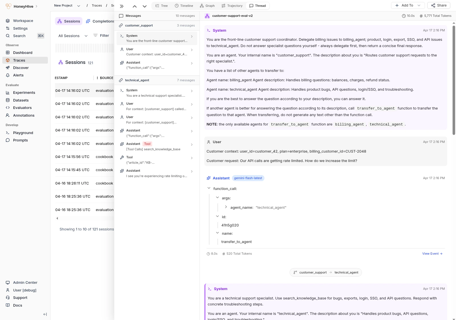 Thread view with message list on the left showing agent conversations, and message detail on the right showing system prompts, user context, and function calls