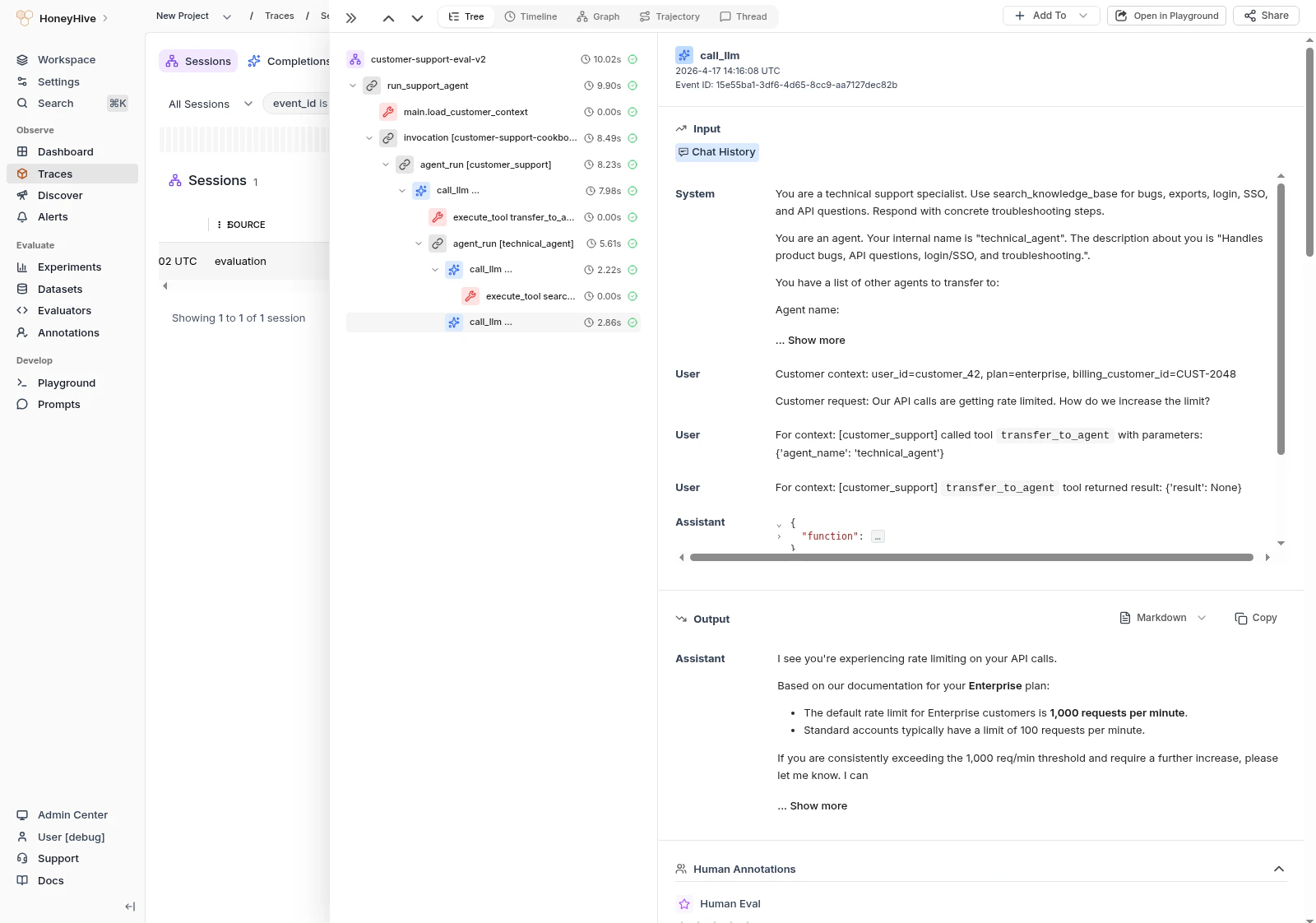 Trace detail view showing span tree, Open in Playground button, and Share button