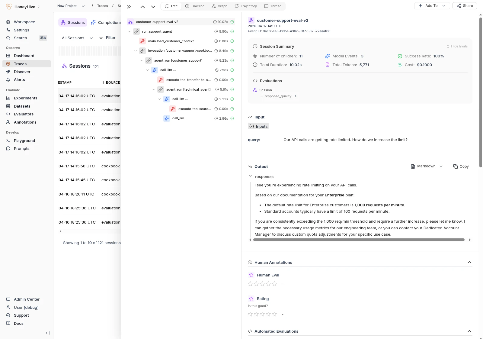 Tree view with hierarchical span tree on the left, session summary stats, and event input/output details on the right