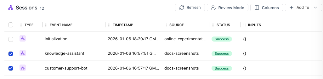 Log Store showing selected sessions with checkboxes