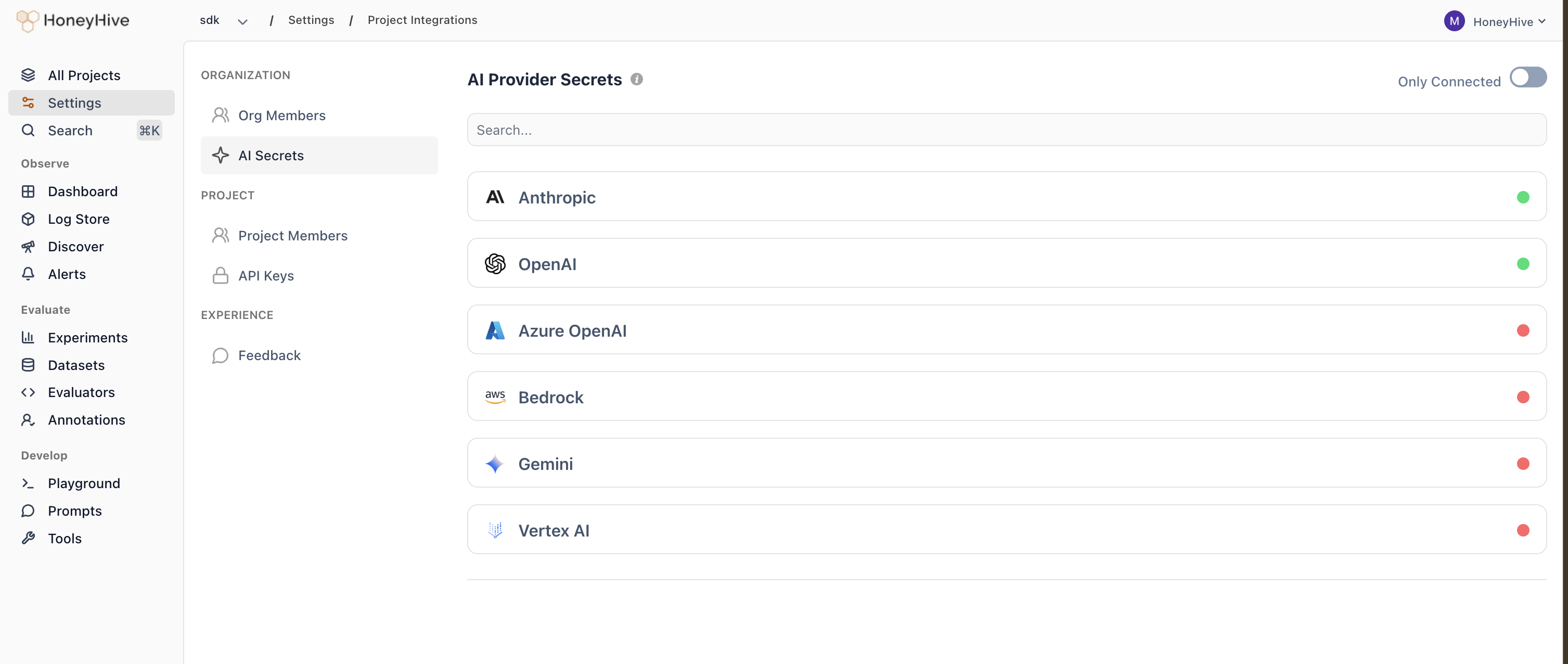 AI Provider Secrets settings page