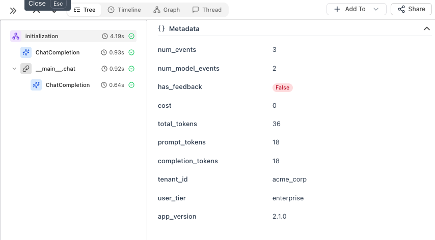 Session metadata showing tenant_id, user_tier, app_version