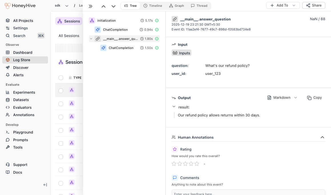 Parent span showing question, user_id inputs and answer output