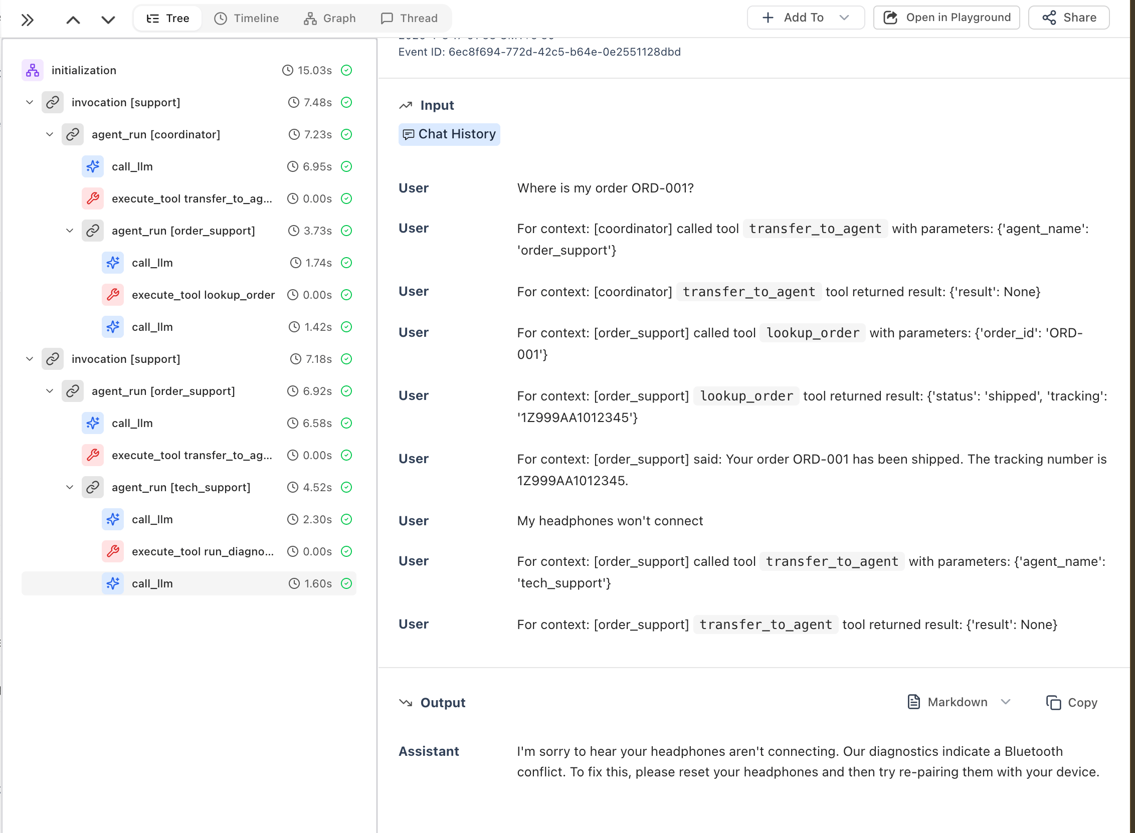 Multi-agent trace in HoneyHive showing coordinator routing to order_support and tech_support agents with tool calls