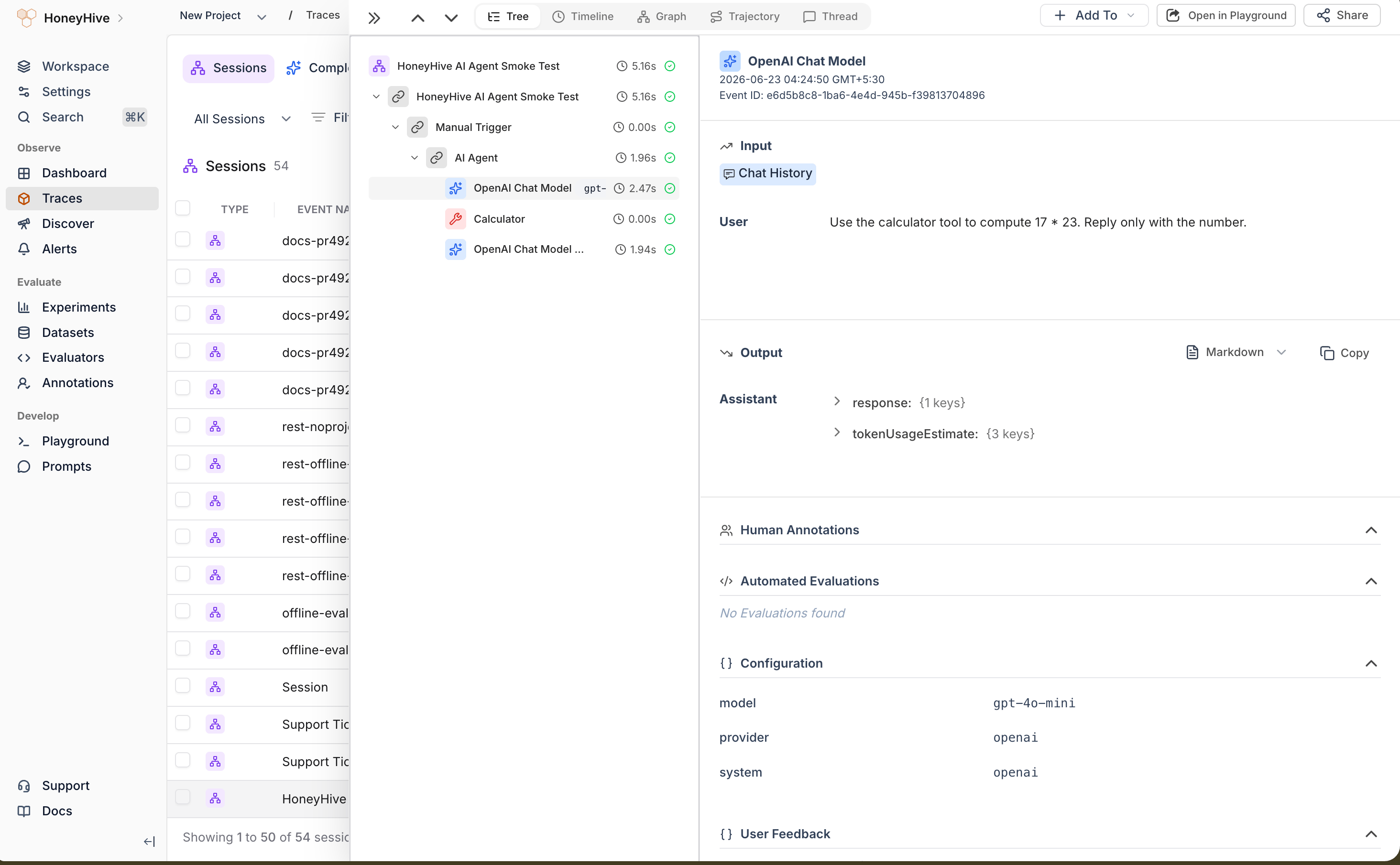 HoneyHive trace tree for an n8n AI Agent run, showing OpenAI Chat Model and Calculator spans nested under the AI Agent span