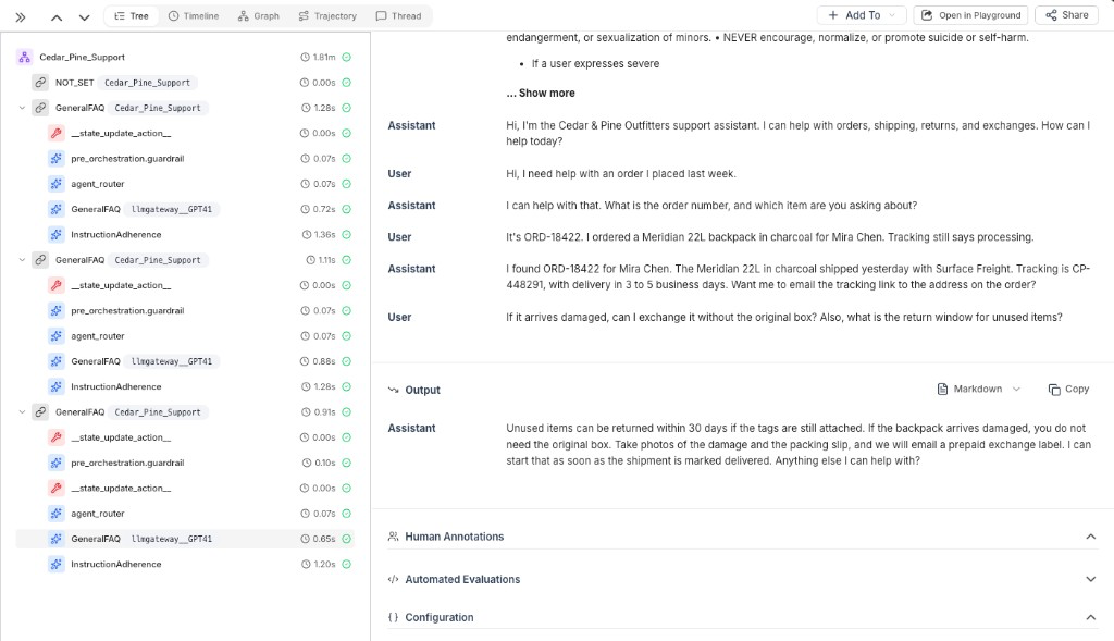 HoneyHive Traces view of a Cedar Pine Support Agentforce session, with GeneralFAQ, agent_router, pre_orchestration.guardrail, and InstructionAdherence spans, and the selected turn's user and assistant messages in the conversation panel