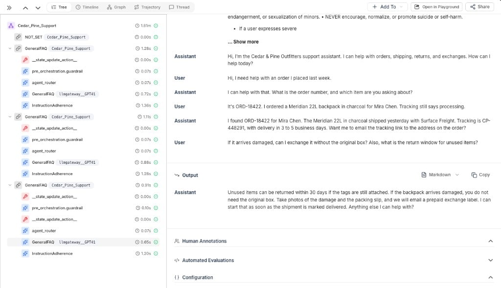 HoneyHive Traces view of a Cedar Pine Support Agentforce session, with GeneralFAQ, agent_router, pre_orchestration.guardrail, and InstructionAdherence spans, and the selected turn's user and assistant messages in the conversation panel