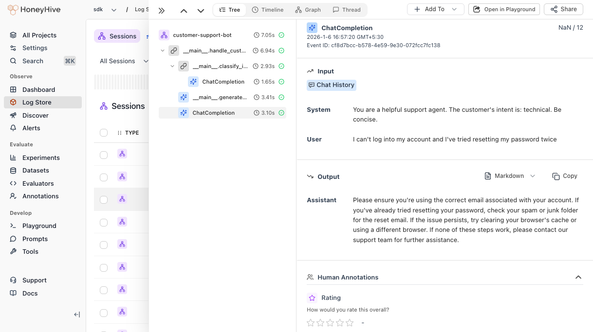 Trace detail view showing span tree with input, output, and annotations panels