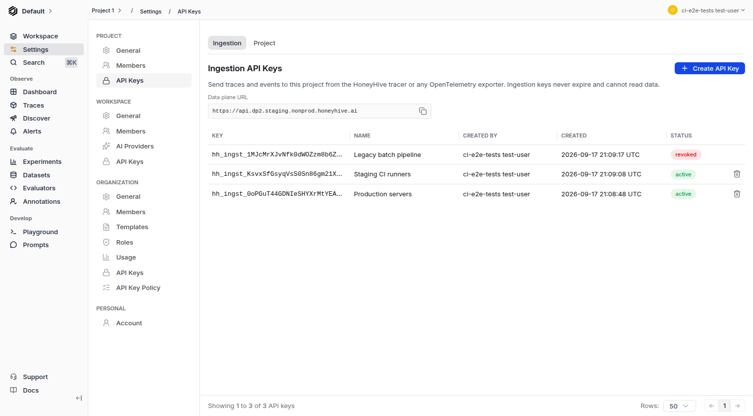 Project API Keys page on the Ingestion tab, listing three ingestion keys with masked key prefixes, names, creator, creation time, and active or revoked status