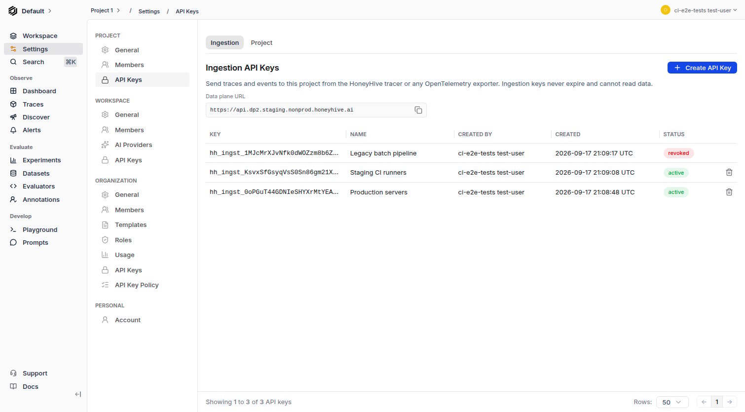 Project API Keys page on the Ingestion tab, listing three ingestion keys with masked key prefixes, names, creator, creation time, and active or revoked status