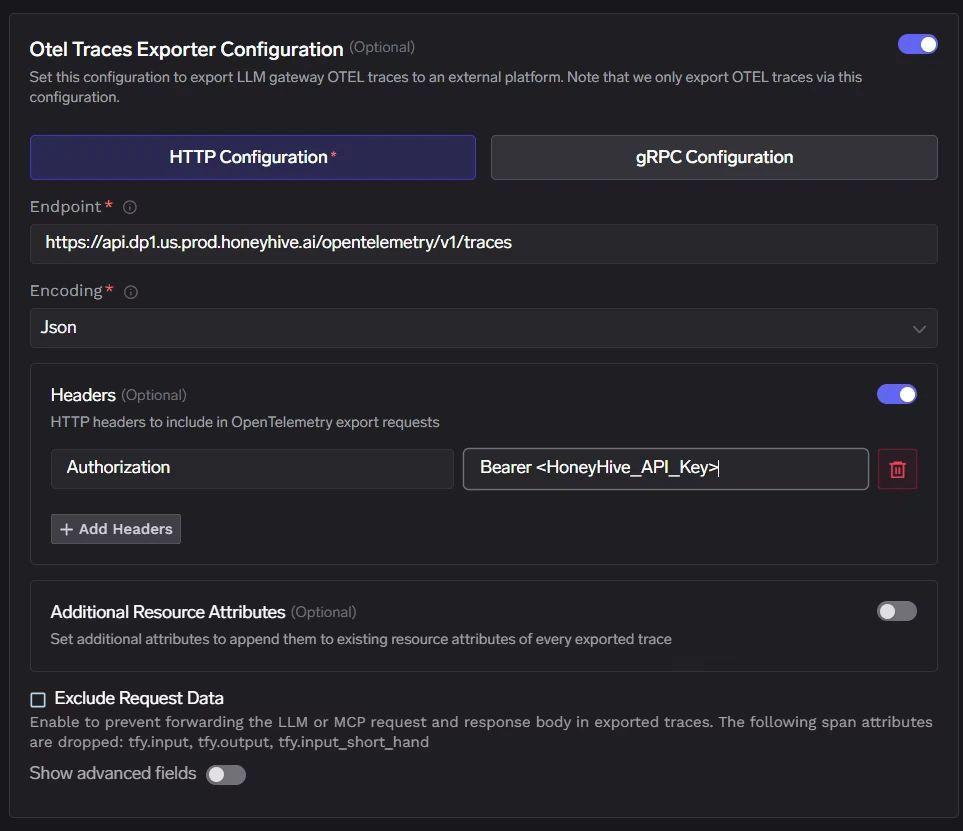 TrueFoundry OTEL Traces Exporter Configuration with HoneyHive endpoint and Authorization header