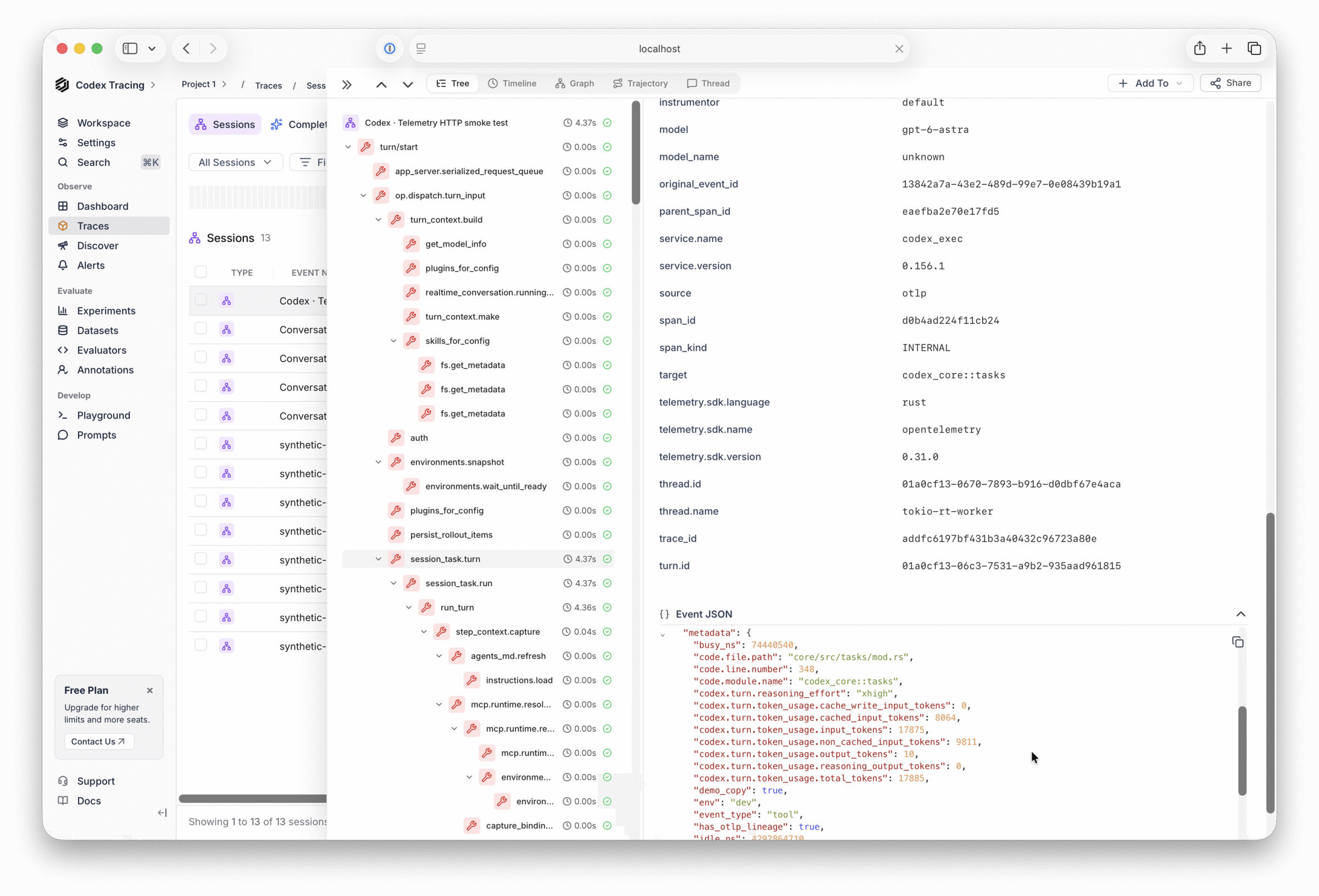 Screenshot of Codex CLI events in HoneyHive. The event tree shows the turn/start root span with nested op.dispatch.turn_input, session_task.turn, session_task.run, and run_turn spans, and the detail pane shows codex.turn.token_usage token counts, model, service.name codex_exec, and turn.id in metadata.