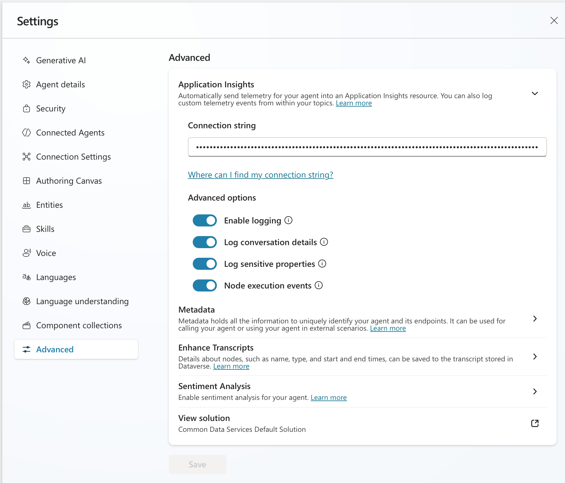 Copilot Studio Advanced settings showing the Application Insights connection string field and the Enable logging, Log conversation details, Log sensitive properties, and Node execution events toggles turned on