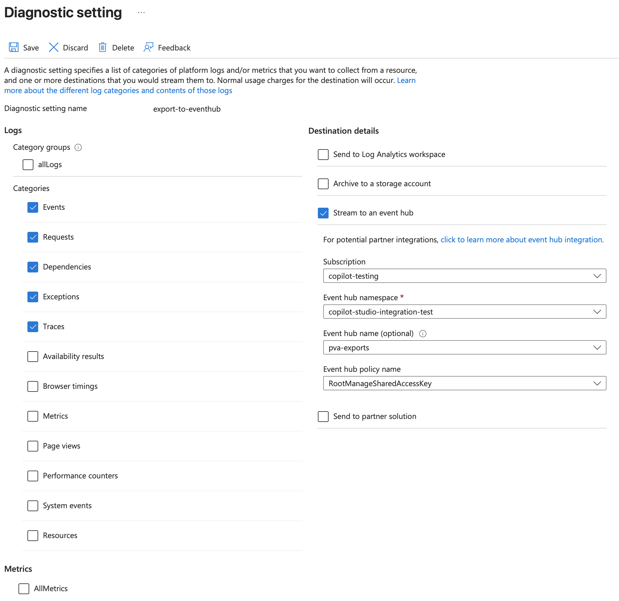 Azure portal Diagnostic setting page named export-to-eventhub, with the Events, Requests, and Dependencies log categories checked and Stream to an event hub selected as the destination