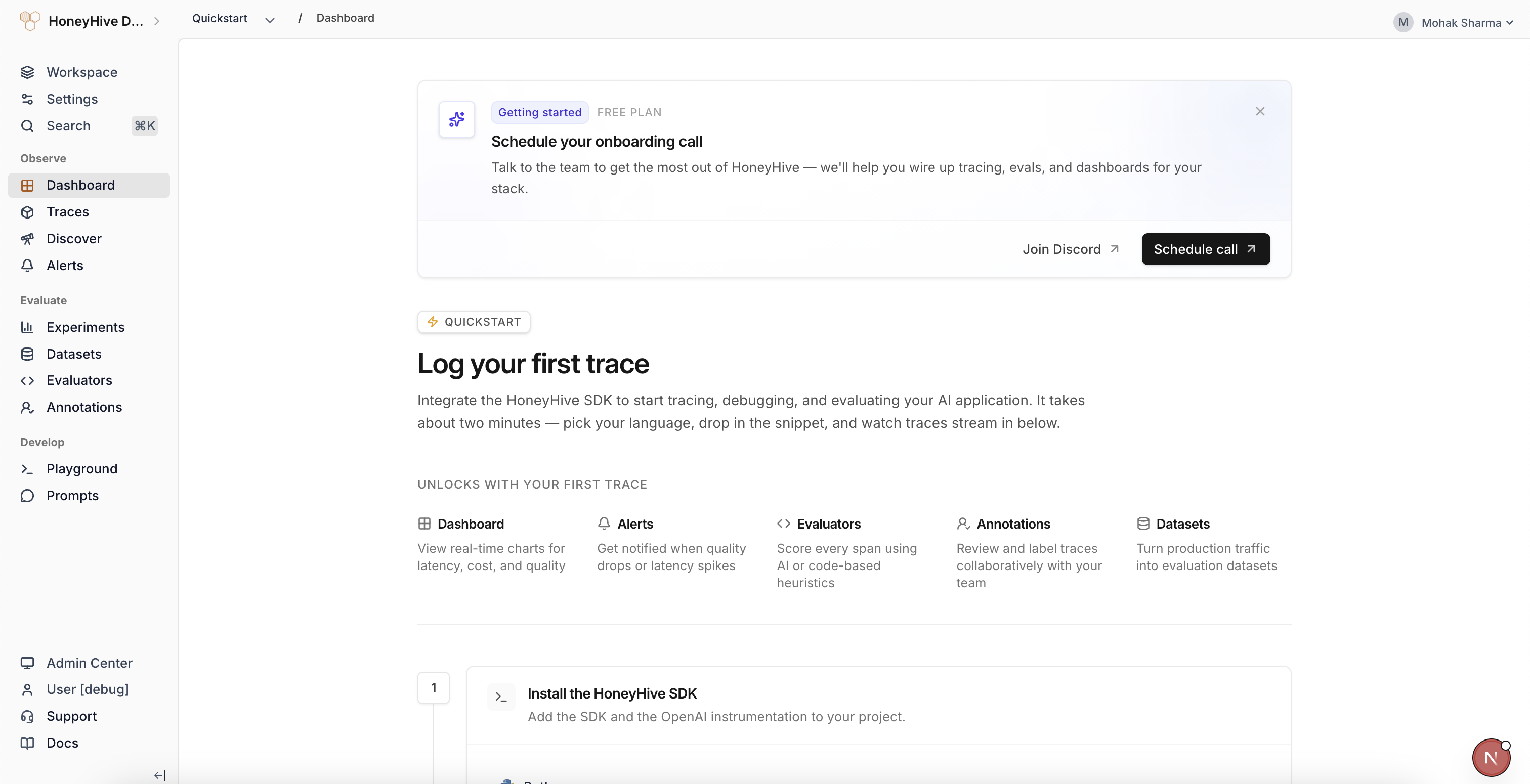 Project quickstart page showing numbered setup steps, framework selection, starter snippet, status messaging, and unlock previews for dashboards, alerts, evaluators, annotations, and datasets