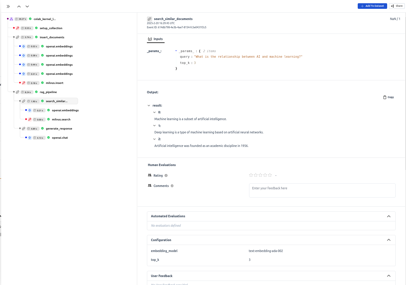 Zilliz integration with HoneyHive showing trace visualization