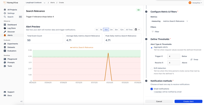 Creating Alerts - HoneyHive AI Docs