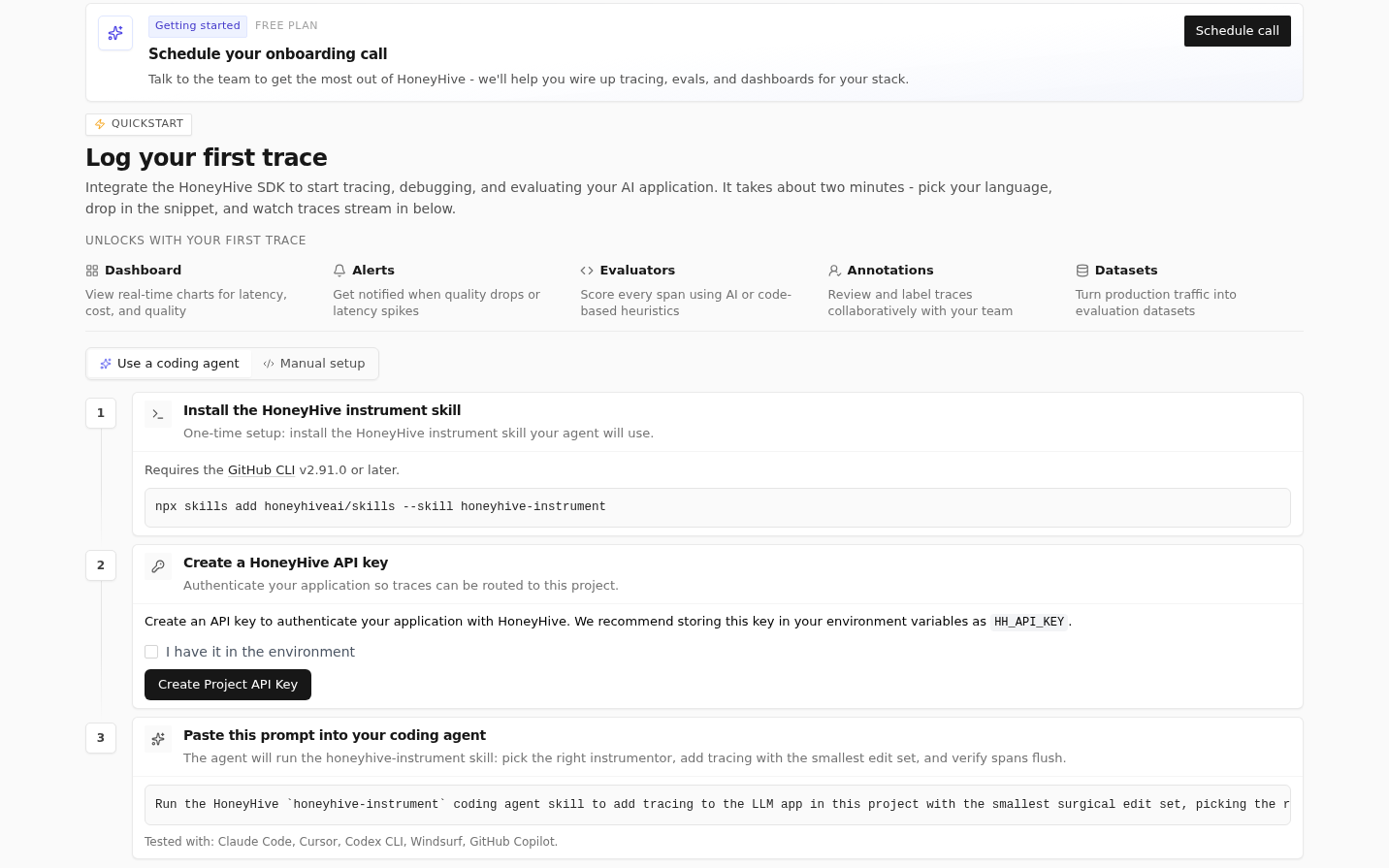 Coding agent onboarding quickstart showing the copyable prompt flow