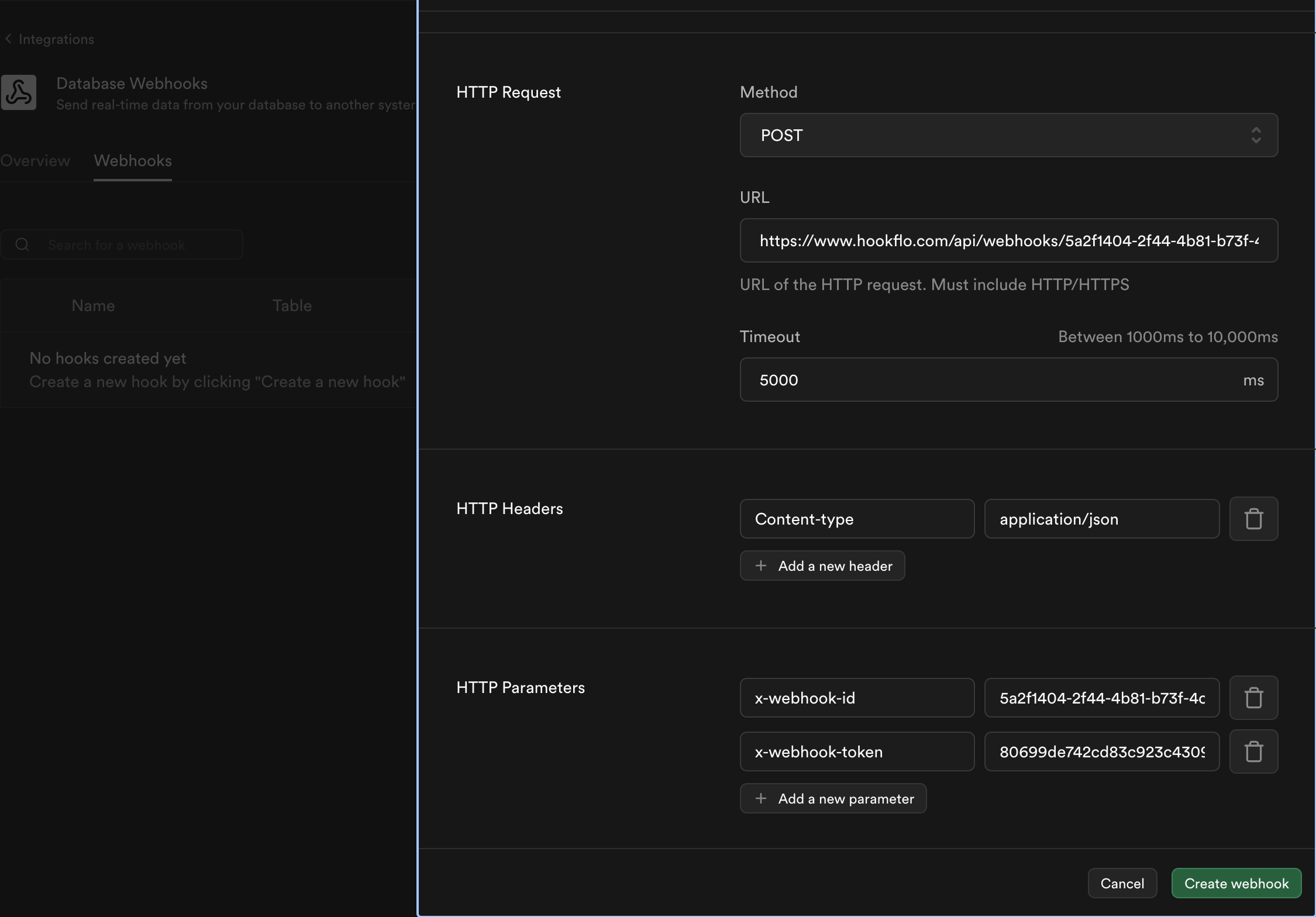 Create Database Webhook Form