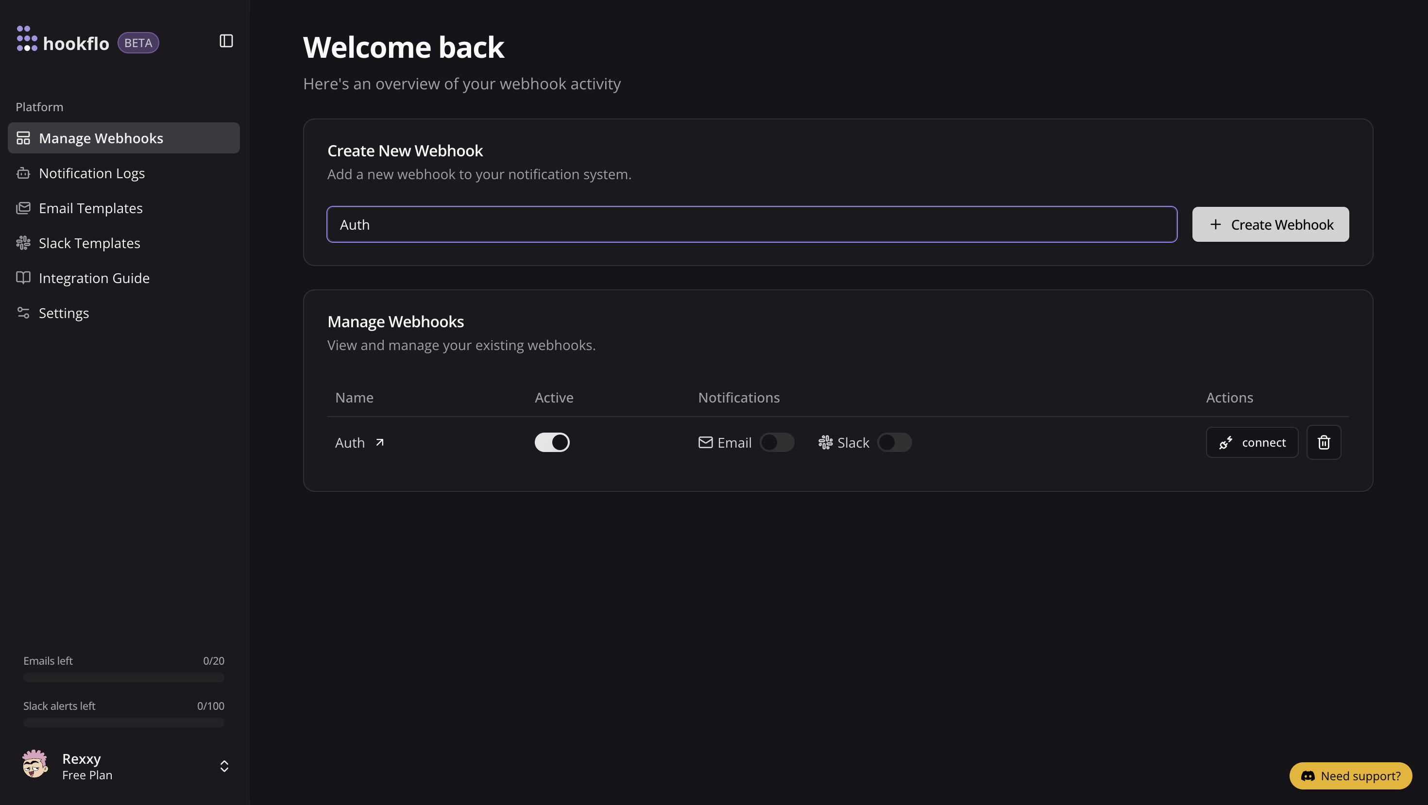 Create Webhook Screen