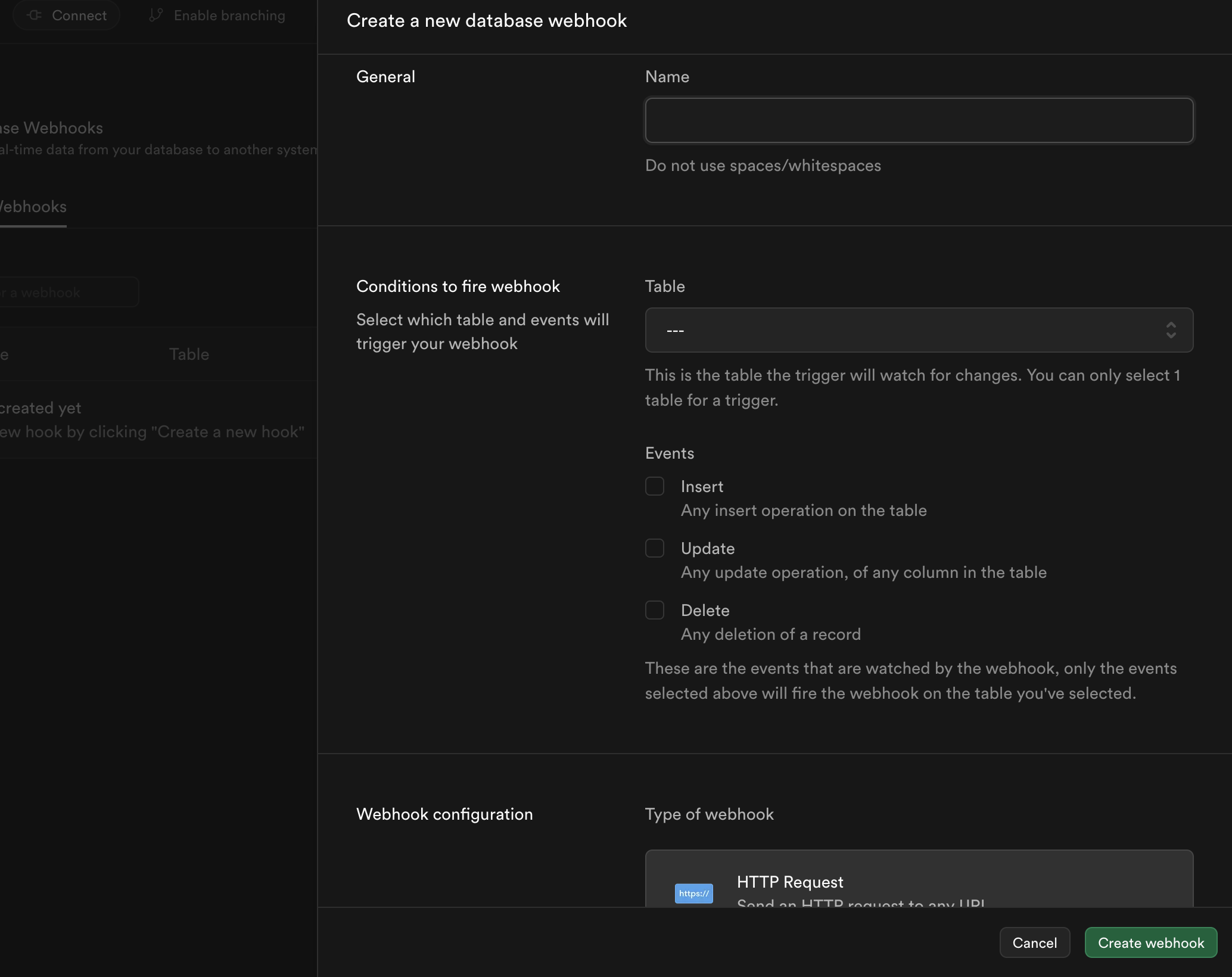Create Database Webhook Form