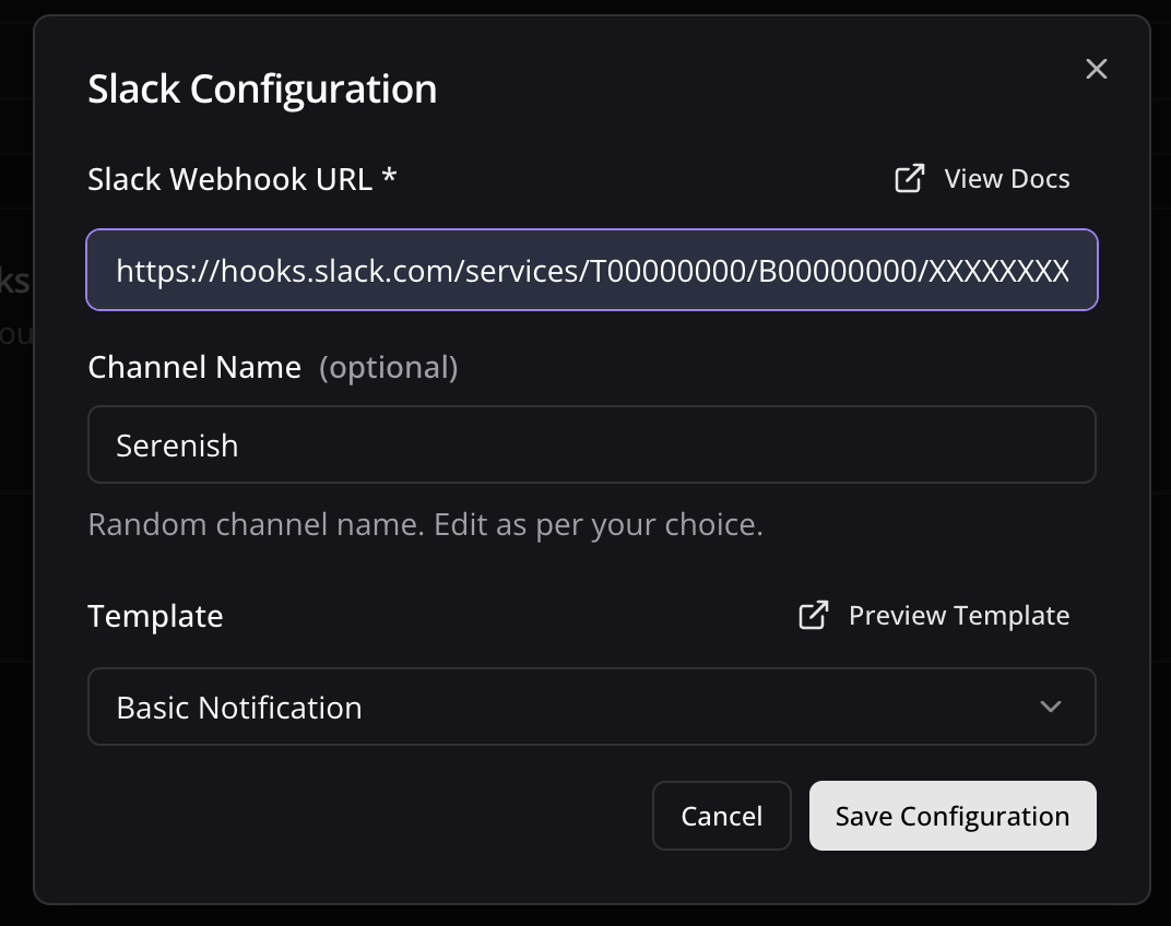 Slack Configuration Dialog