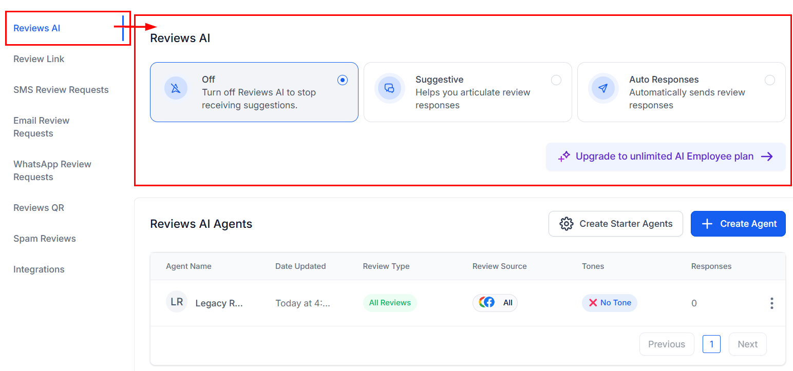 Reviews AI settings section