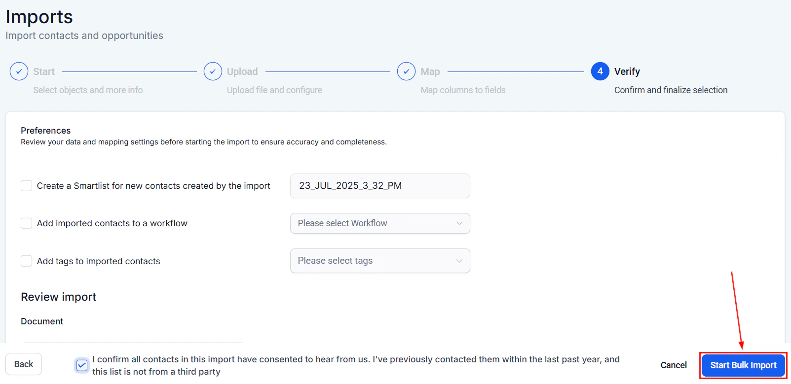 Export history in the Bulk Actions tab
