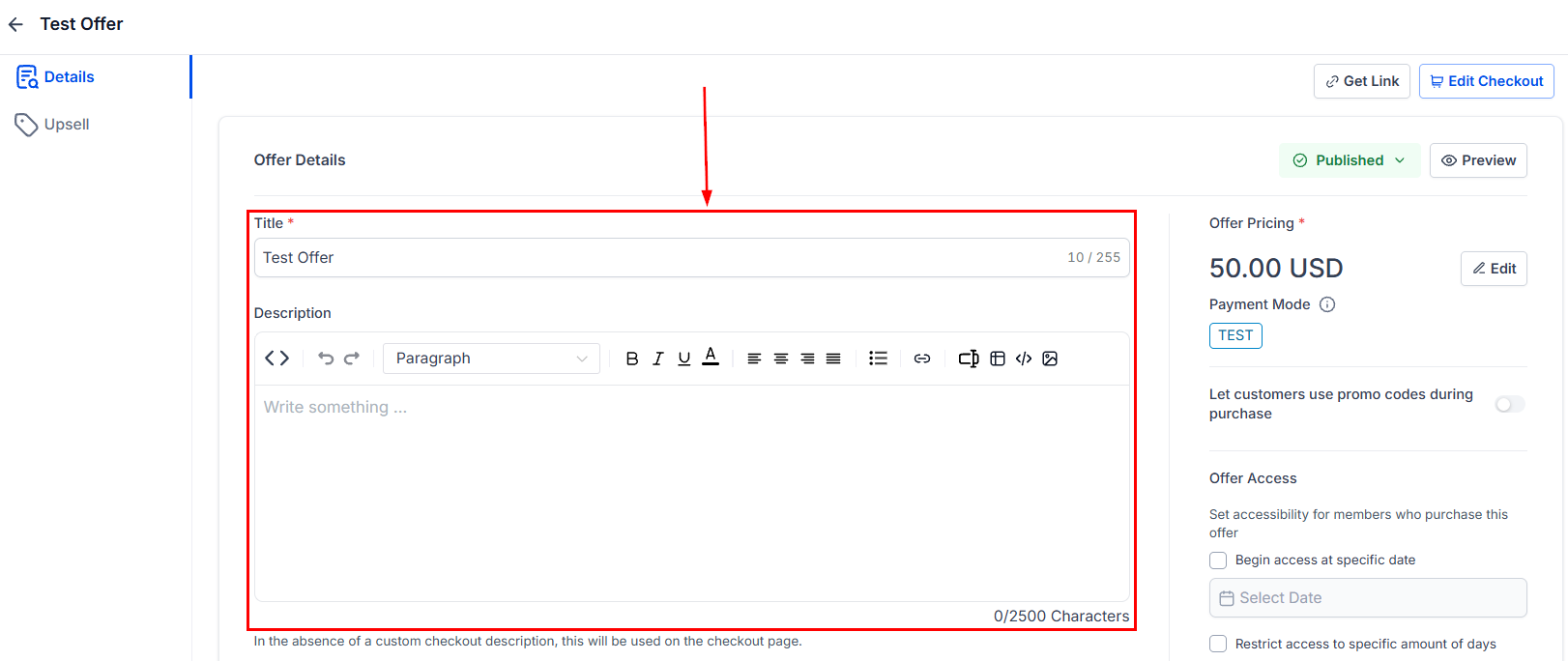 Published offers list