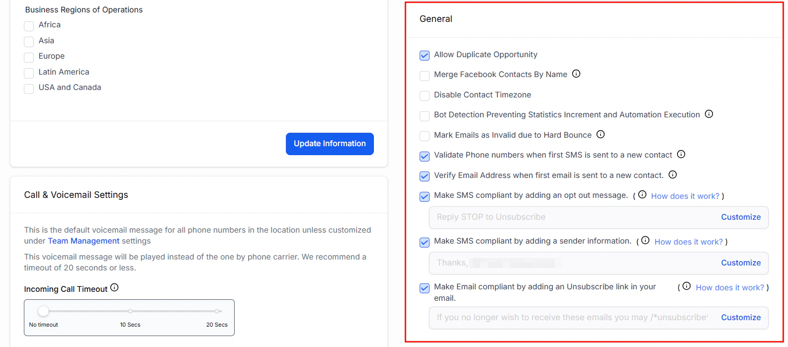 Business Profile general settings