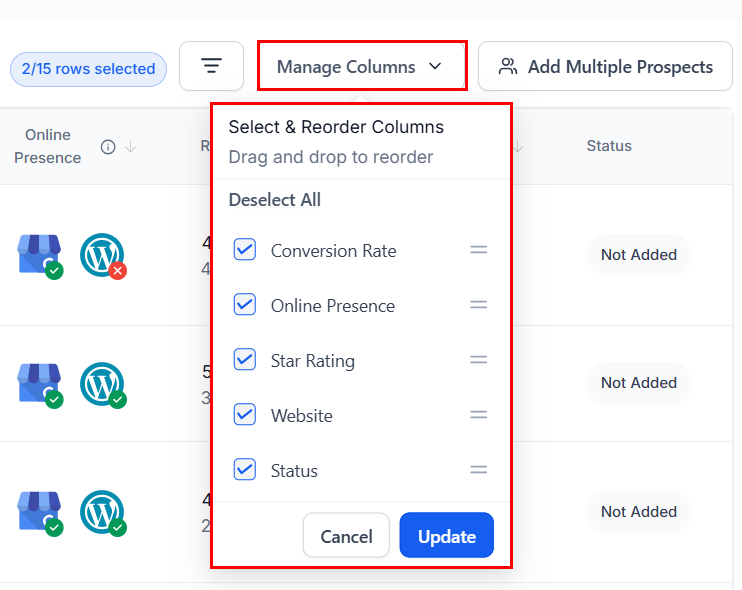 Manage columns